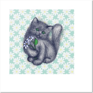 Cute Kitten with Daisies Posters and Art